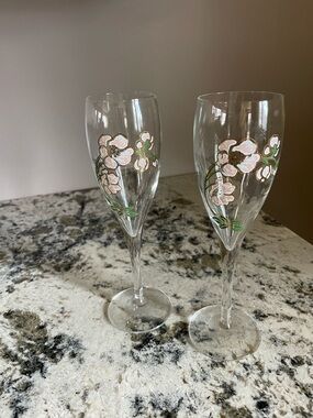 Perrier-Jouët Art Nouveau French Hand Painted Floral Champagne Flutes - Set 2